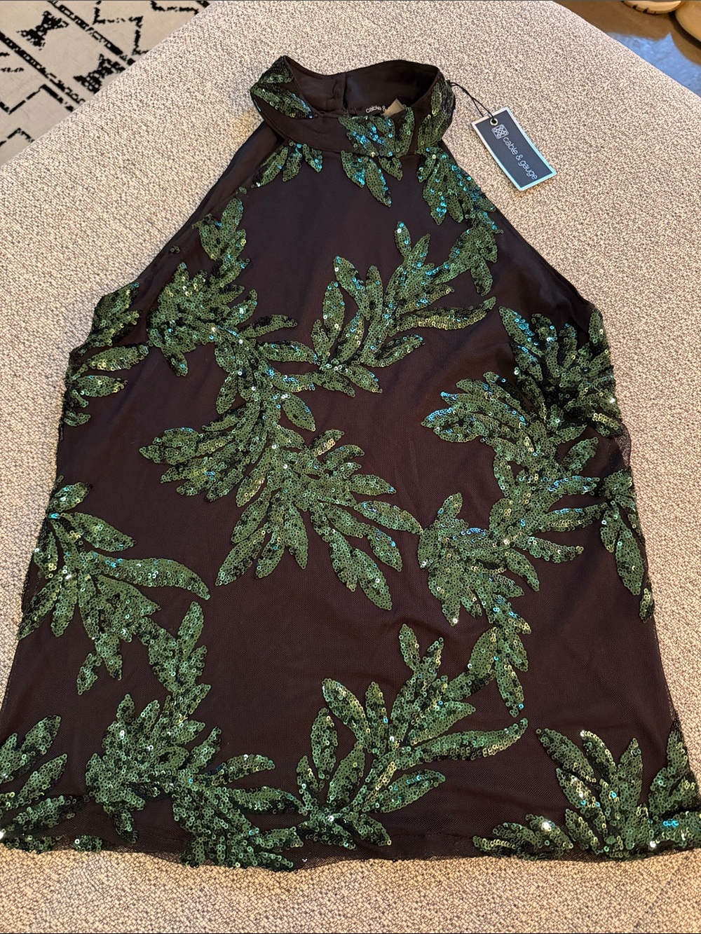 Cable & Gauge Black Halter Tank with Green Sequin Leaf Appliqué